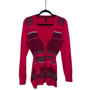 Yoki V Neck Button Down Self Tie Sweater - Red - Size L